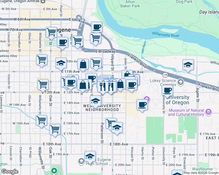 map of restaurants, bars, coffee shops, grocery stores, and more near 1200 Hilyard Street in Eugene