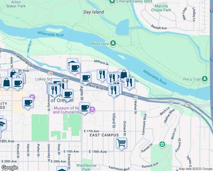 map of restaurants, bars, coffee shops, grocery stores, and more near 1857 Franklin Boulevard in Eugene