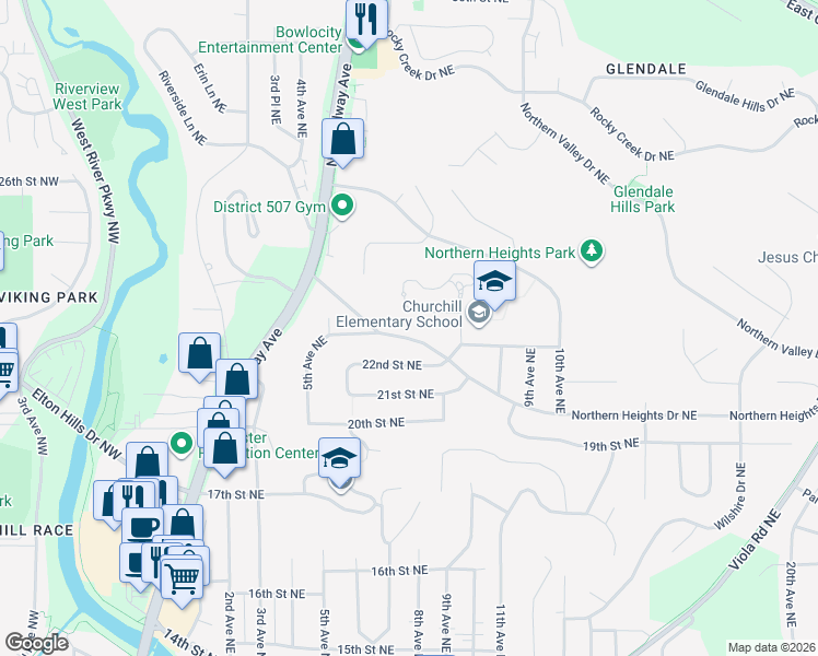 map of restaurants, bars, coffee shops, grocery stores, and more near 607 Northern Heights Drive Northeast in Rochester