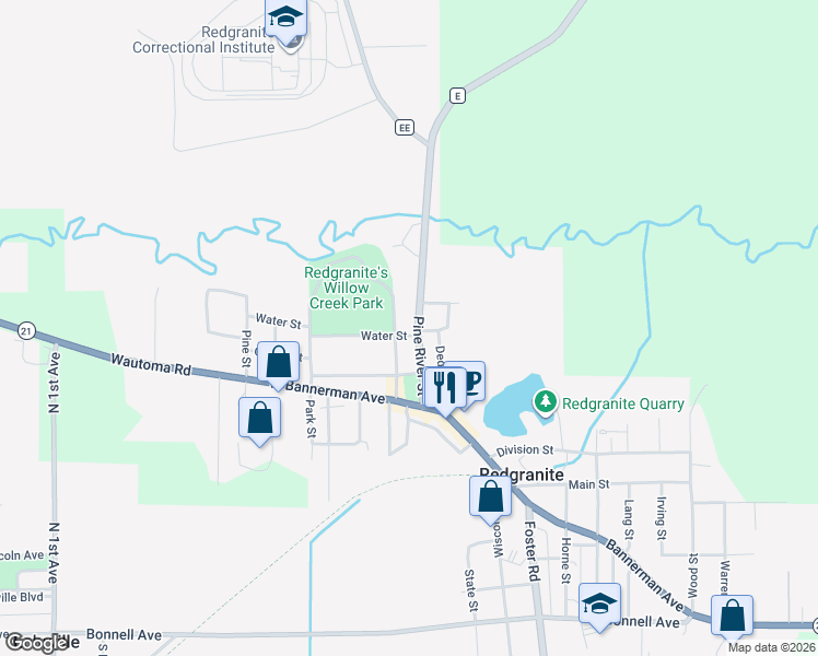 map of restaurants, bars, coffee shops, grocery stores, and more near 304 Pine River Street in Redgranite
