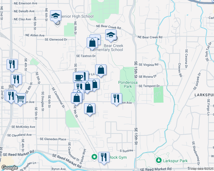 map of restaurants, bars, coffee shops, grocery stores, and more near 1303 Southeast Armour Road in Bend