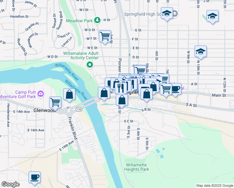 map of restaurants, bars, coffee shops, grocery stores, and more near 151 Main Street in Springfield