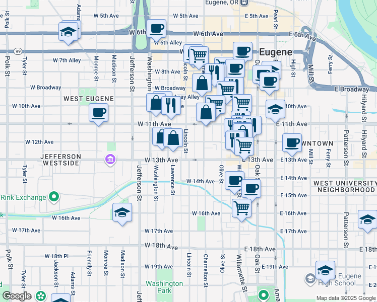 map of restaurants, bars, coffee shops, grocery stores, and more near 325 West 13th Avenue in Eugene