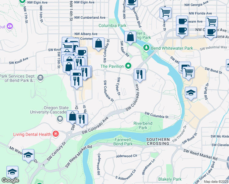 map of restaurants, bars, coffee shops, grocery stores, and more near 405 Southwest Cyber Drive in Bend