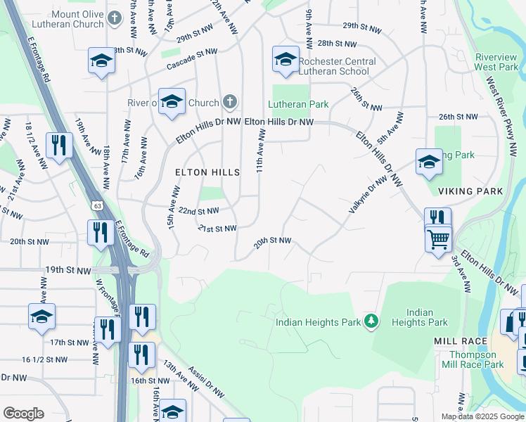 map of restaurants, bars, coffee shops, grocery stores, and more near 2204 11th Avenue Northwest in Rochester
