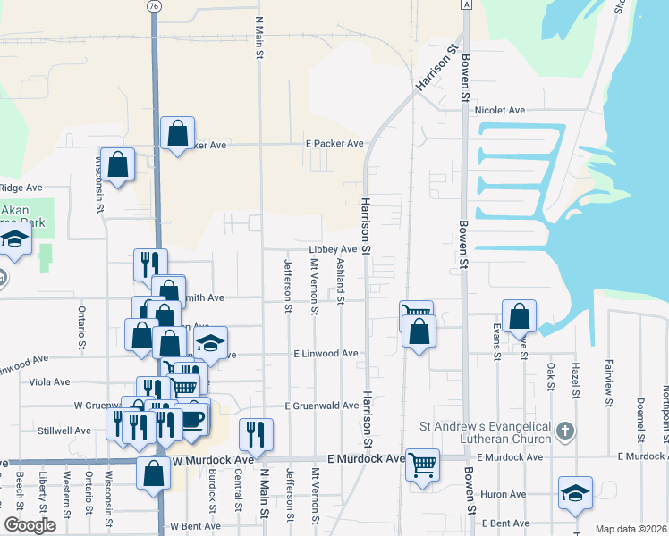 map of restaurants, bars, coffee shops, grocery stores, and more near 2339 Ashland Street in Oshkosh