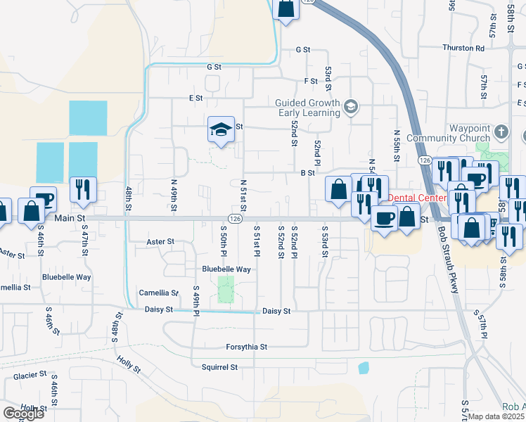 map of restaurants, bars, coffee shops, grocery stores, and more near 5150 Main Street in Springfield