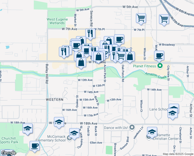 map of restaurants, bars, coffee shops, grocery stores, and more near 1290 Acorn Park Street in Eugene