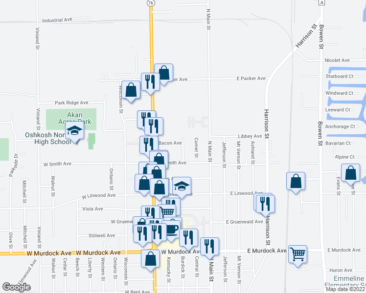 map of restaurants, bars, coffee shops, grocery stores, and more near 2331 Geneva Street in Oshkosh