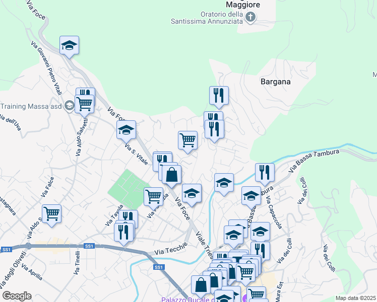 map of restaurants, bars, coffee shops, grocery stores, and more near 85 Via Frangola in Massa