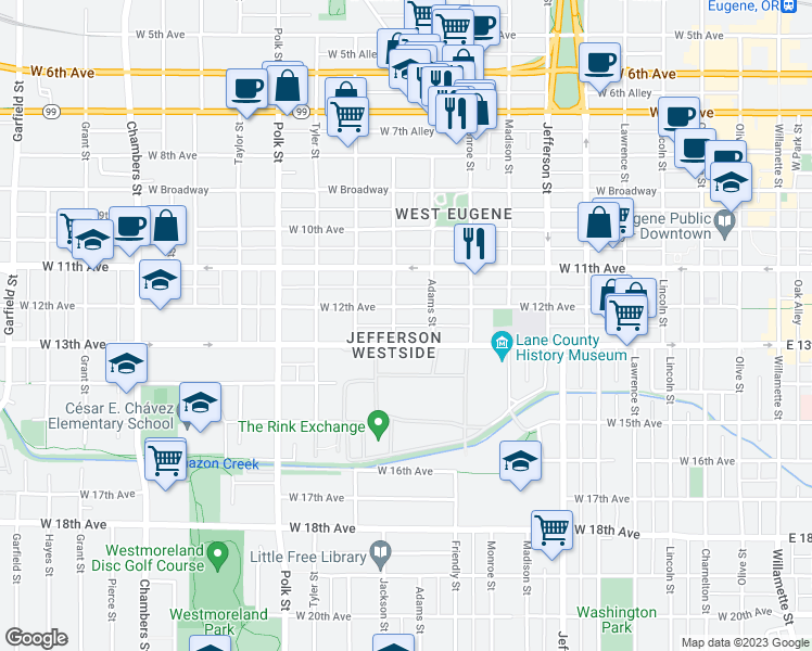 map of restaurants, bars, coffee shops, grocery stores, and more near 1154 West 12th Alley in Eugene