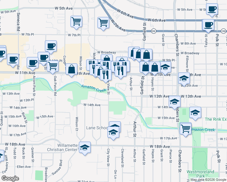 map of restaurants, bars, coffee shops, grocery stores, and more near 1293 City View Street in Eugene