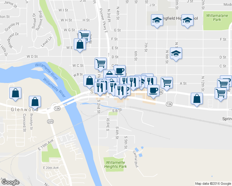 map of restaurants, bars, coffee shops, grocery stores, and more near 349 Main St in Springfield