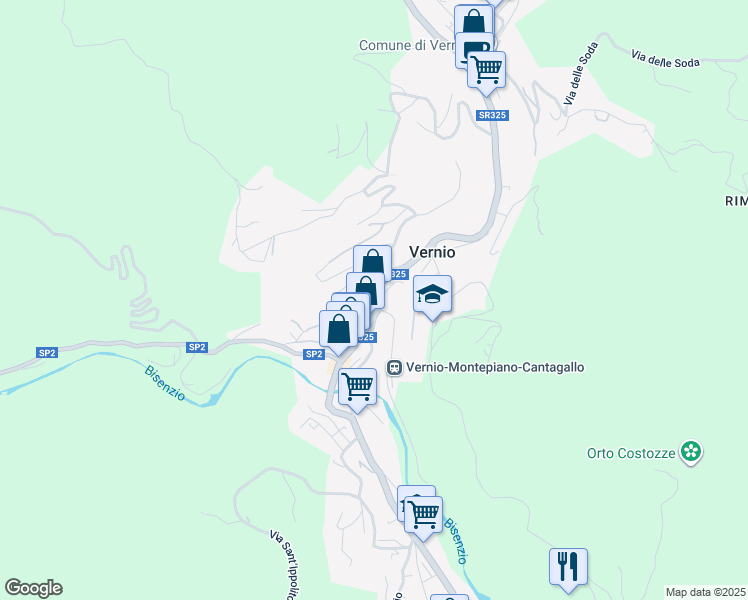 map of restaurants, bars, coffee shops, grocery stores, and more near Via del Bisenzio in Mercatale-San Quirico