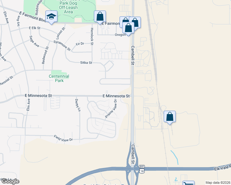 map of restaurants, bars, coffee shops, grocery stores, and more near 1260 East Minnesota Street in Rapid City