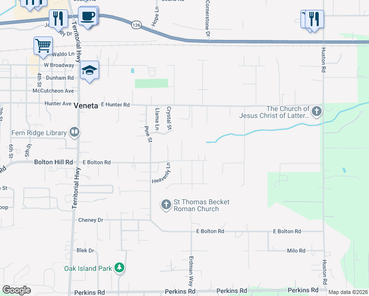map of restaurants, bars, coffee shops, grocery stores, and more near 87995 Woodberry Lane in Veneta
