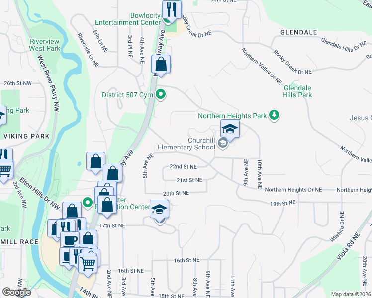map of restaurants, bars, coffee shops, grocery stores, and more near 607 Northern Heights Drive Northeast in Rochester