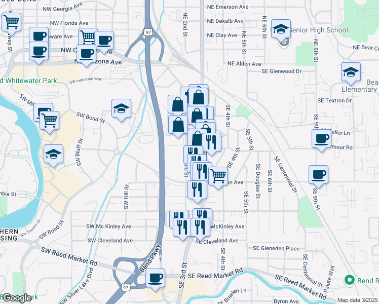 map of restaurants, bars, coffee shops, grocery stores, and more near 400 Southeast 2nd Street in Bend