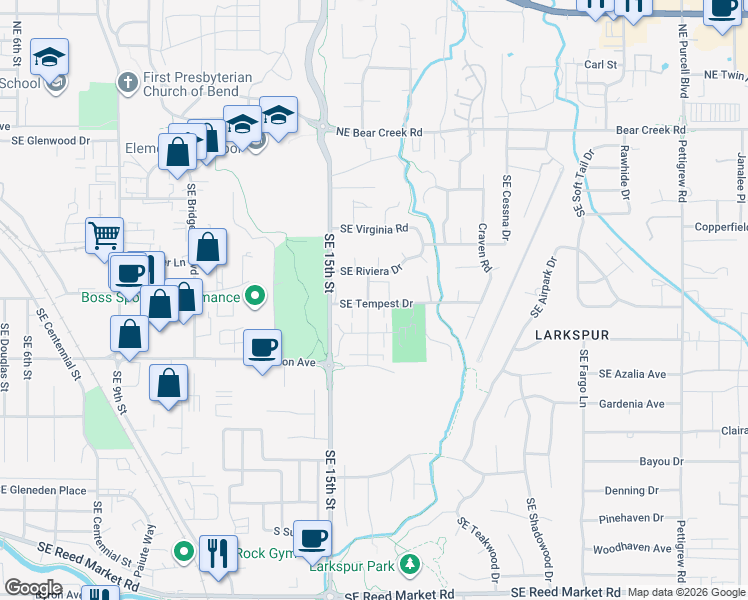 map of restaurants, bars, coffee shops, grocery stores, and more near 353 Southeast Wildcat Drive in Bend