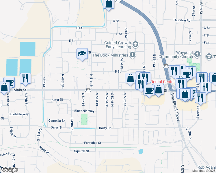 map of restaurants, bars, coffee shops, grocery stores, and more near 5236 Main Street in Springfield