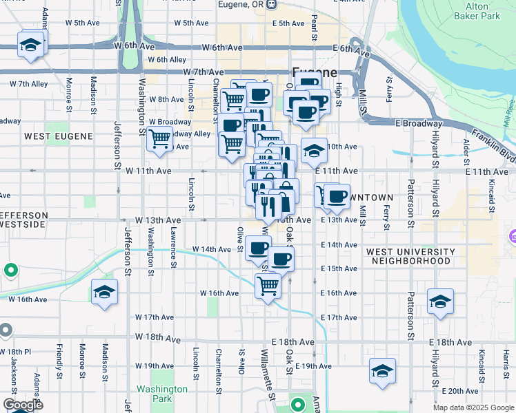 map of restaurants, bars, coffee shops, grocery stores, and more near 1272 Willamette Street in Eugene