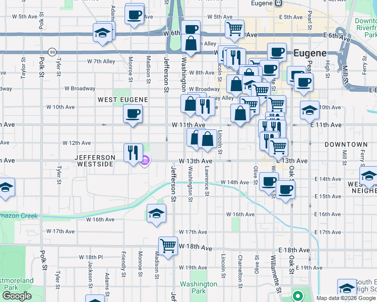 map of restaurants, bars, coffee shops, grocery stores, and more near 1258 Washington Street in Eugene