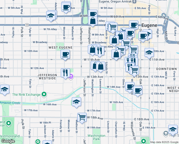 map of restaurants, bars, coffee shops, grocery stores, and more near 1258 Washington Street in Eugene