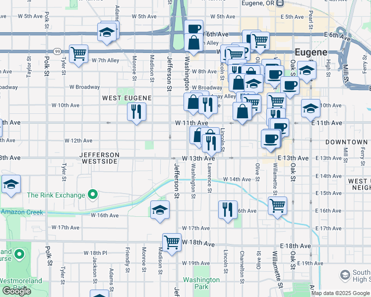 map of restaurants, bars, coffee shops, grocery stores, and more near 1258 Washington Street in Eugene