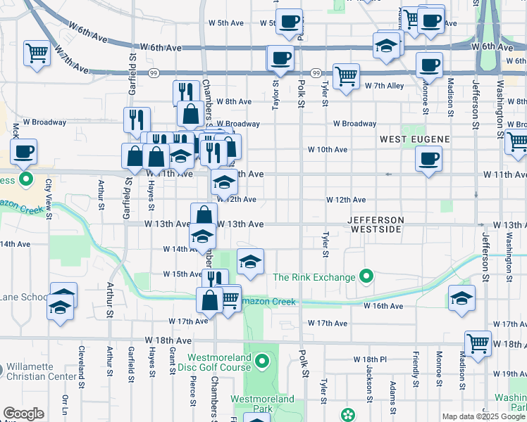 map of restaurants, bars, coffee shops, grocery stores, and more near 1530 West 12th Avenue in Eugene