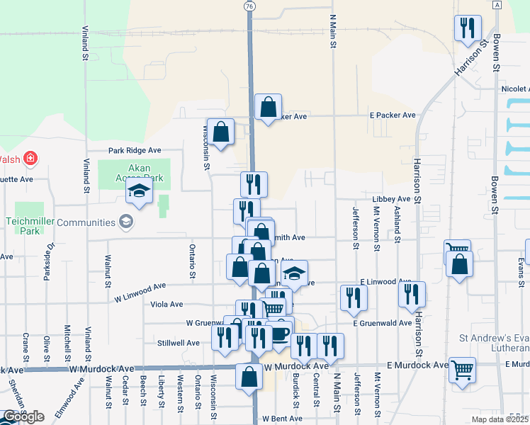 map of restaurants, bars, coffee shops, grocery stores, and more near 2332 Jackson Street in Oshkosh