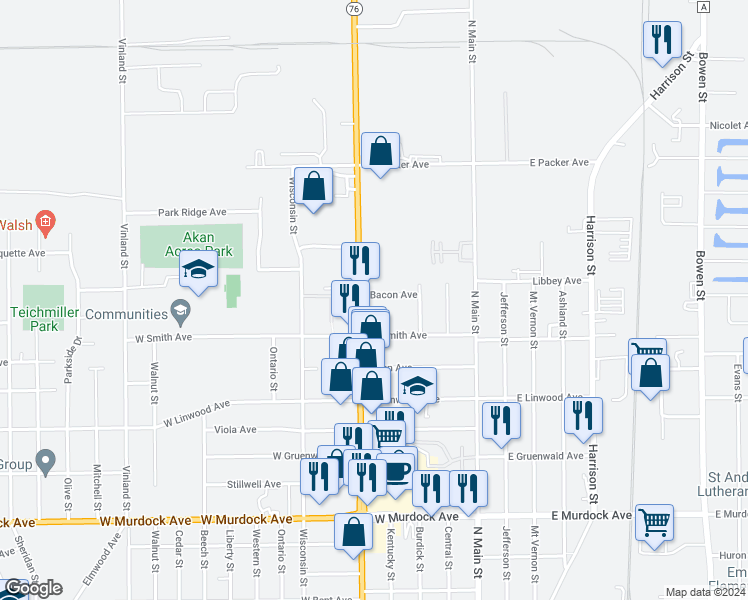 map of restaurants, bars, coffee shops, grocery stores, and more near 2332 Jackson Street in Oshkosh
