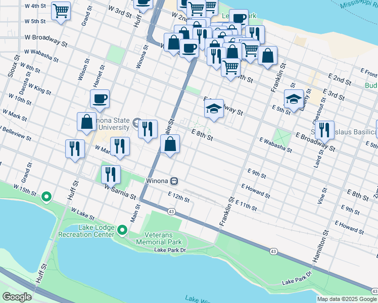map of restaurants, bars, coffee shops, grocery stores, and more near 462 Center Street in Winona