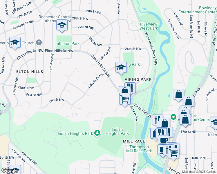 map of restaurants, bars, coffee shops, grocery stores, and more near 362 Elton Hills Drive Northwest in Rochester