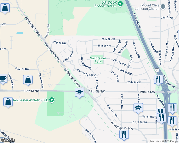 map of restaurants, bars, coffee shops, grocery stores, and more near 2703 Charles Court Northwest in Rochester