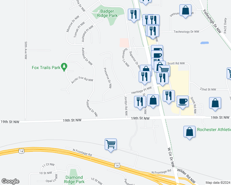 map of restaurants, bars, coffee shops, grocery stores, and more near 4497 Heritage Place Northwest in Rochester