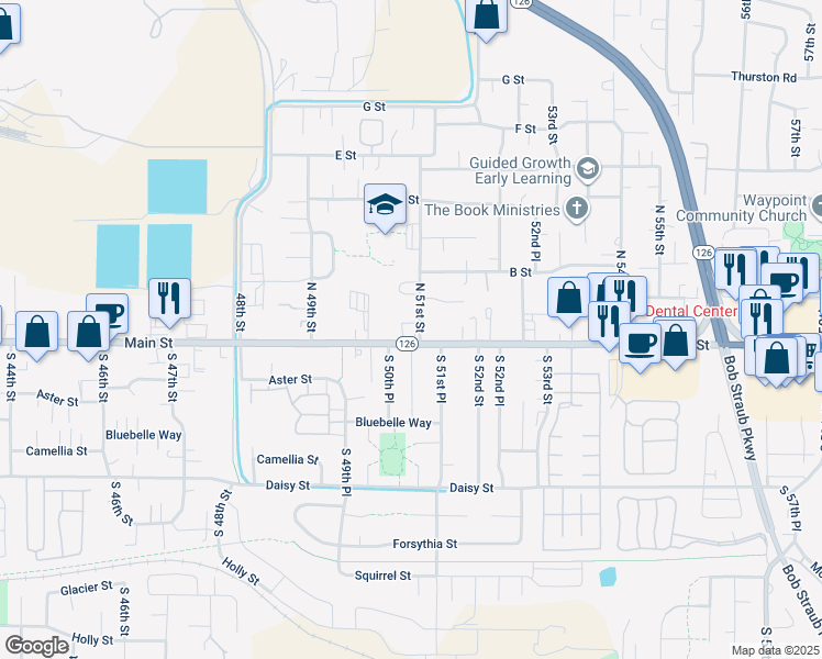 map of restaurants, bars, coffee shops, grocery stores, and more near 5094 Main Street in Springfield