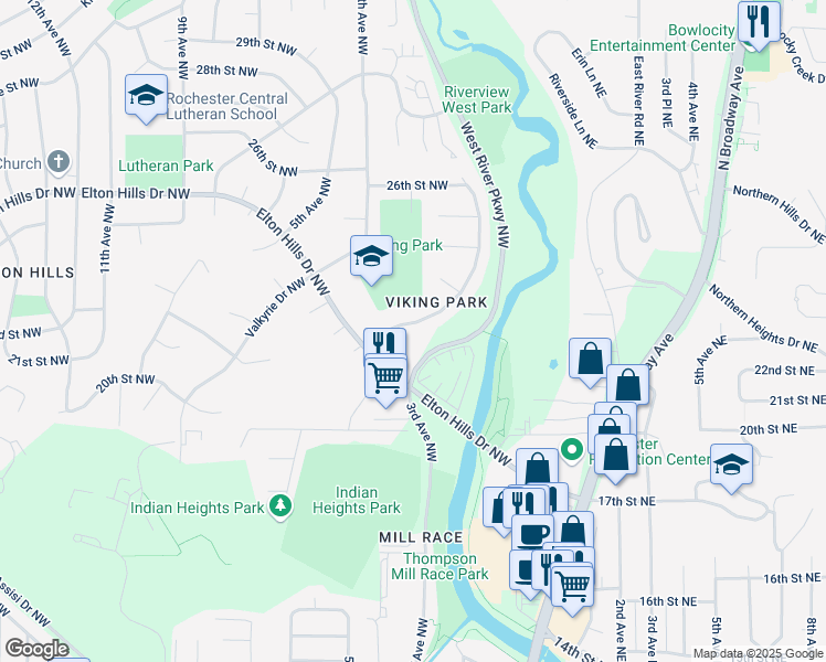 map of restaurants, bars, coffee shops, grocery stores, and more near 2210 Viking Drive Northwest in Rochester