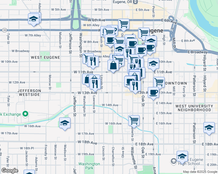 map of restaurants, bars, coffee shops, grocery stores, and more near 1260 Charnelton Street in Eugene