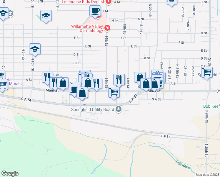 map of restaurants, bars, coffee shops, grocery stores, and more near 1604 Main Street in Springfield