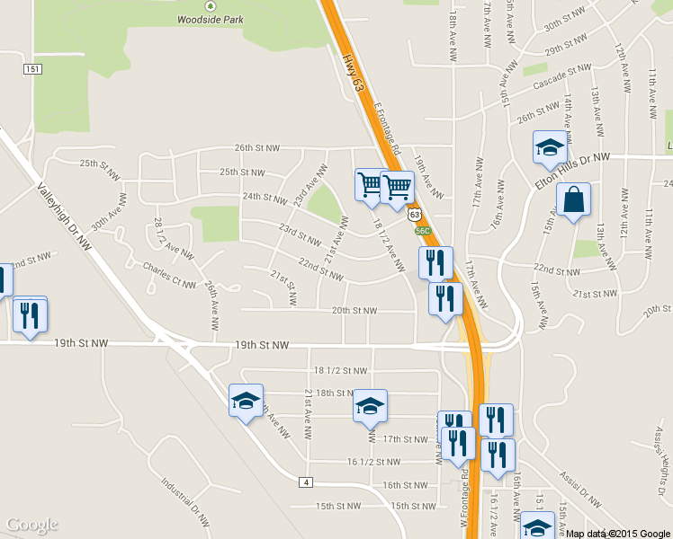map of restaurants, bars, coffee shops, grocery stores, and more near 2015 22nd Street Northwest in Rochester