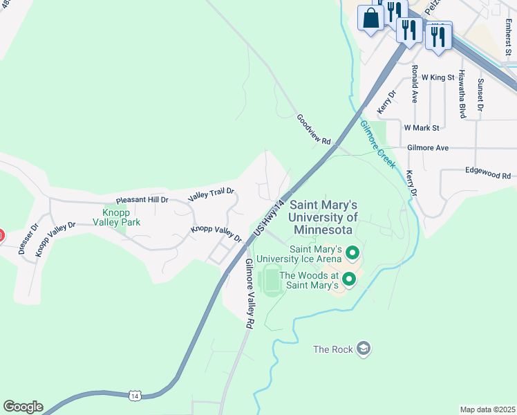 map of restaurants, bars, coffee shops, grocery stores, and more near 725 U.S. 14 in Winona