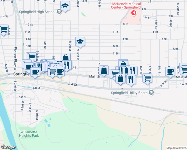 map of restaurants, bars, coffee shops, grocery stores, and more near 1124 Main Street in Springfield