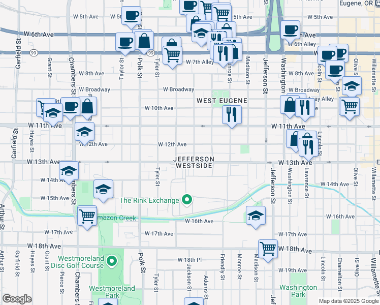 map of restaurants, bars, coffee shops, grocery stores, and more near 1005 West 12th Alley in Eugene