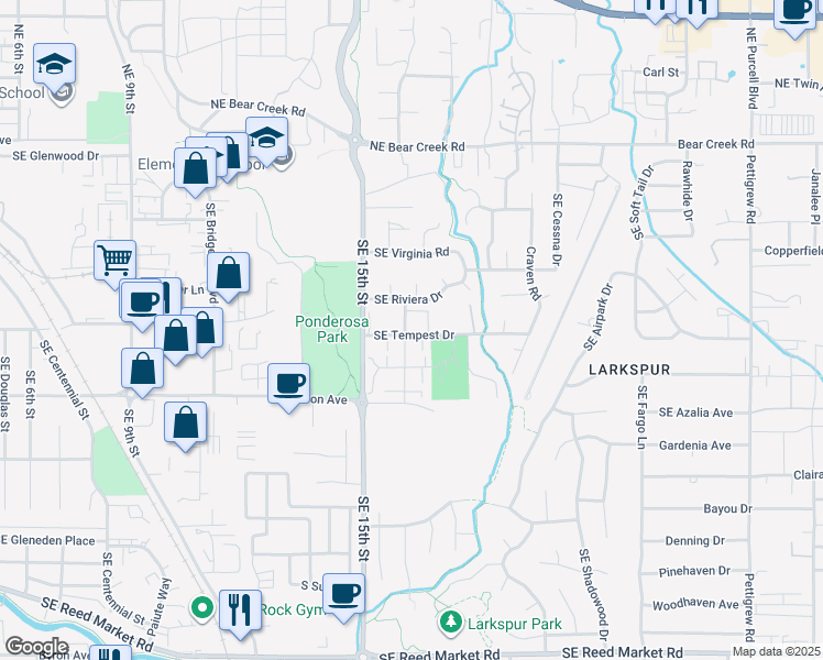 map of restaurants, bars, coffee shops, grocery stores, and more near 353 Southeast Wildcat Drive in Bend