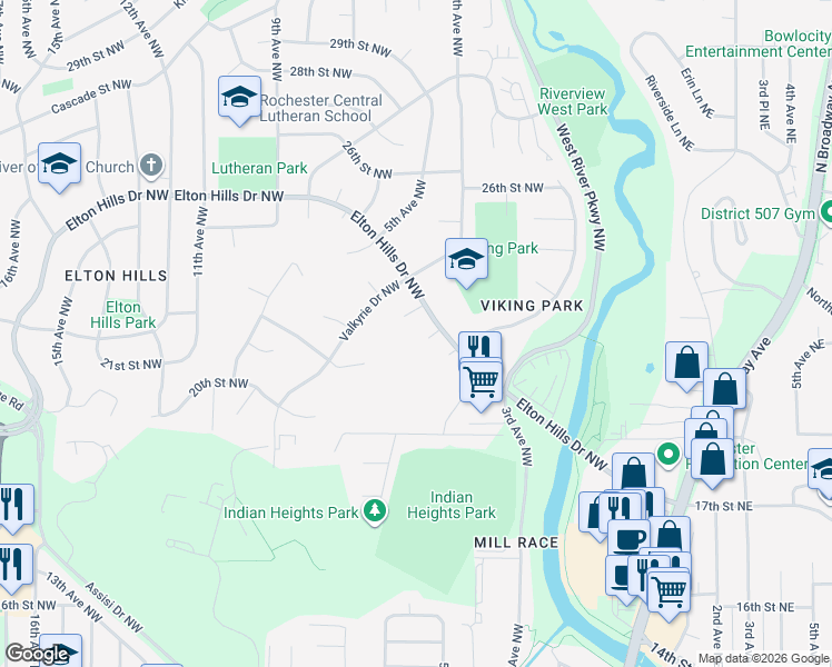 map of restaurants, bars, coffee shops, grocery stores, and more near 362 Elton Hills Drive Northwest in Rochester
