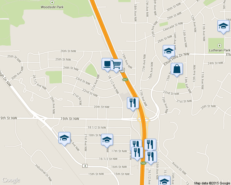 map of restaurants, bars, coffee shops, grocery stores, and more near 1853 22nd Street Northwest in Rochester