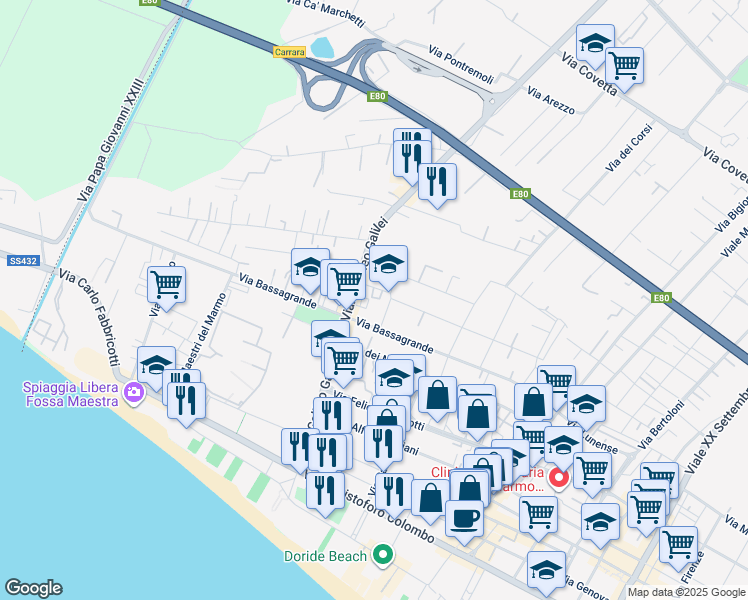 map of restaurants, bars, coffee shops, grocery stores, and more near 120 Viale Galileo Galilei in Carrara