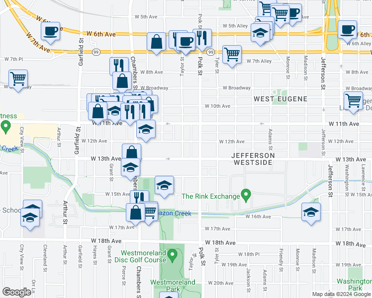 map of restaurants, bars, coffee shops, grocery stores, and more near 1243 Taylor Street in Eugene