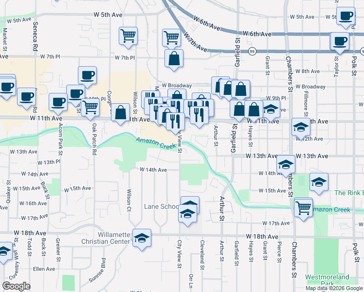 map of restaurants, bars, coffee shops, grocery stores, and more near 1253 City View Street in Eugene