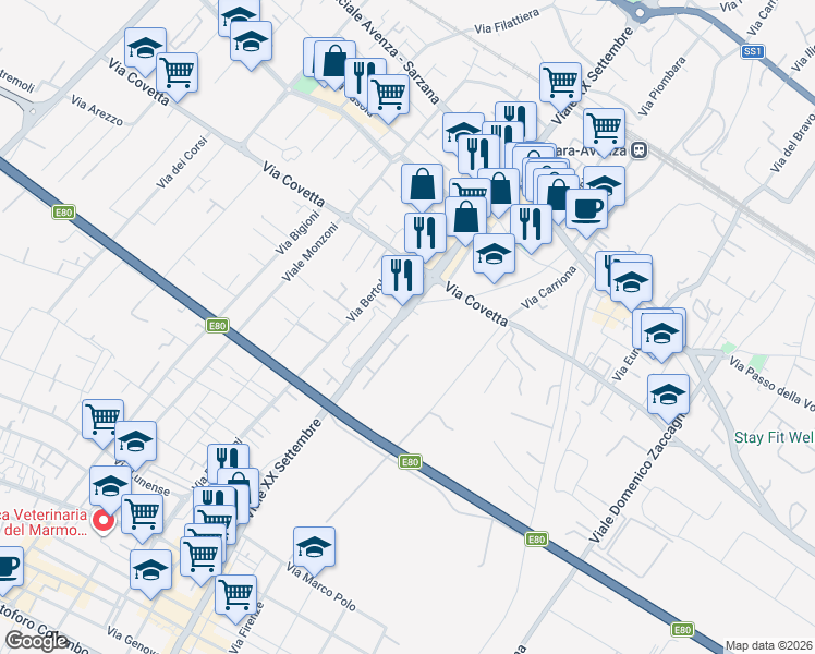 map of restaurants, bars, coffee shops, grocery stores, and more near 245B Viale XX Settembre in Carrara